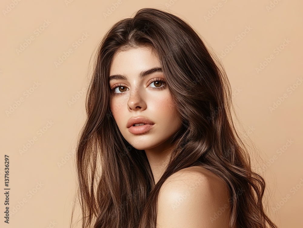 Naklejka premium A beautiful woman with long brown hair is posing, showing her shiny and smooth hairstyle against a light beige background for hair care concept.