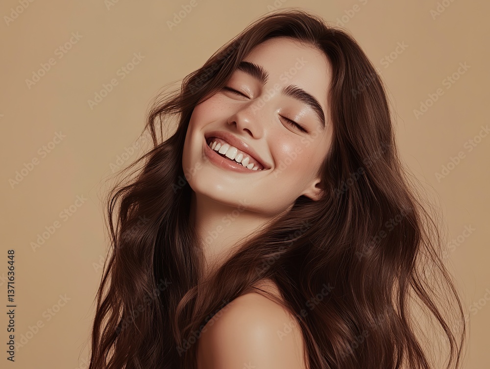 Fototapeta premium A beautiful woman with long brown hair is posing, showing her shiny and smooth hairstyle against a light beige background for hair care concept.