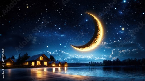 Serene nightscape with a crescent moon illuminating lakeside cabins under a starlit sky.