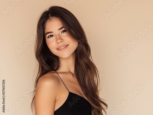 A beautiful woman with long brown hair is posing, showing her shiny and smooth hairstyle against a light beige background for hair care concept.