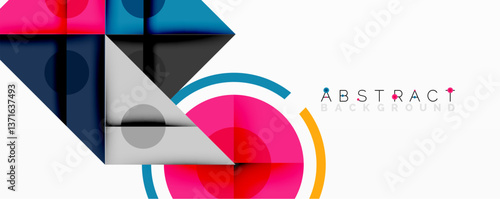 Geometric abstract design with layered triangles, circles, and gradients, forming a structured pattern with sharp contrasts and depth