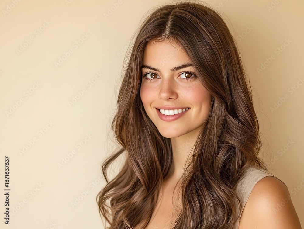 Naklejka premium A beautiful woman with long brown hair is posing, showing her shiny and smooth hairstyle against a light beige background for hair care concept.