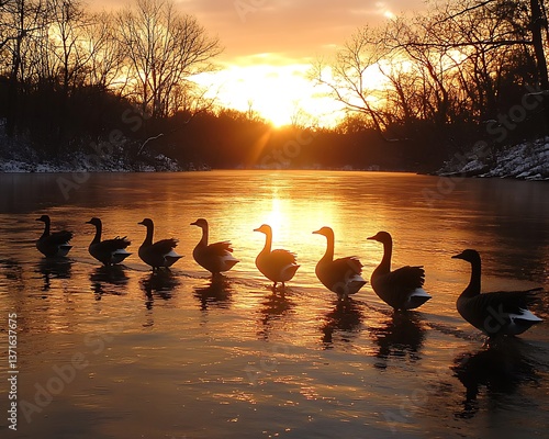 Geese Sunset River Winter.