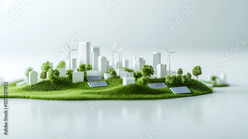 Fototapeta Naklejka Na Ścianę i Meble -  Sustainable urban development eco-friendly city 3d model green environment aerial view renewable energy concepts