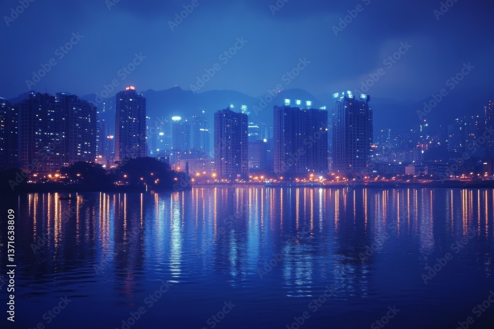 Fototapeta premium Night view of a city skyline reflecting in calm river water with soft lights