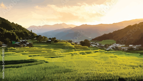 Rural farmland with beautiful rice terraces and mountains at sunset. Vibrant rice terraces bathed in warm sunlight during a peaceful sunset. Golden rice paddies in the hills with a picturesque sunset