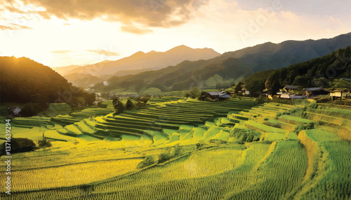 Golden rice terraces at sunset with mountain backdrop in a rural farming landscape. Scenic view of lush rice terraces under the warm glow of sunset light. Stunning rice terraces in the mountains