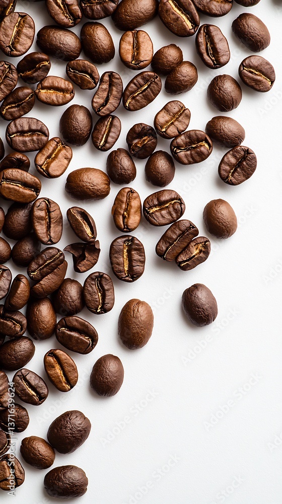 Obraz premium Roasted coffee beans composition on plain background offers earthy aroma and rustic appeal