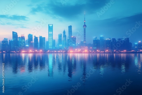 Cityscape view of skyline and water reflection during early morning light