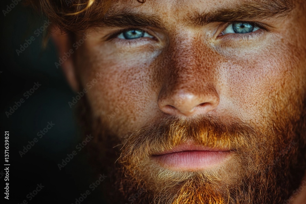 Close-up portrait of a man with intense blue eyes and a ginger beard Close-up portrait of a man with intense blue eyes and a ginger beard