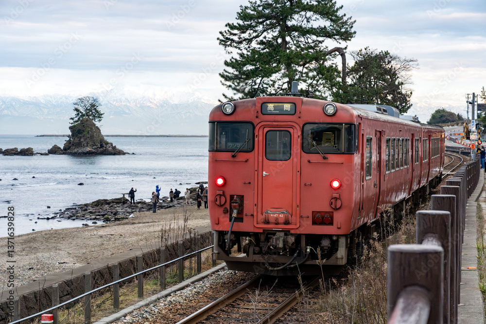 Fototapeta premium 雨晴海岸沿いを走る氷見線の列車