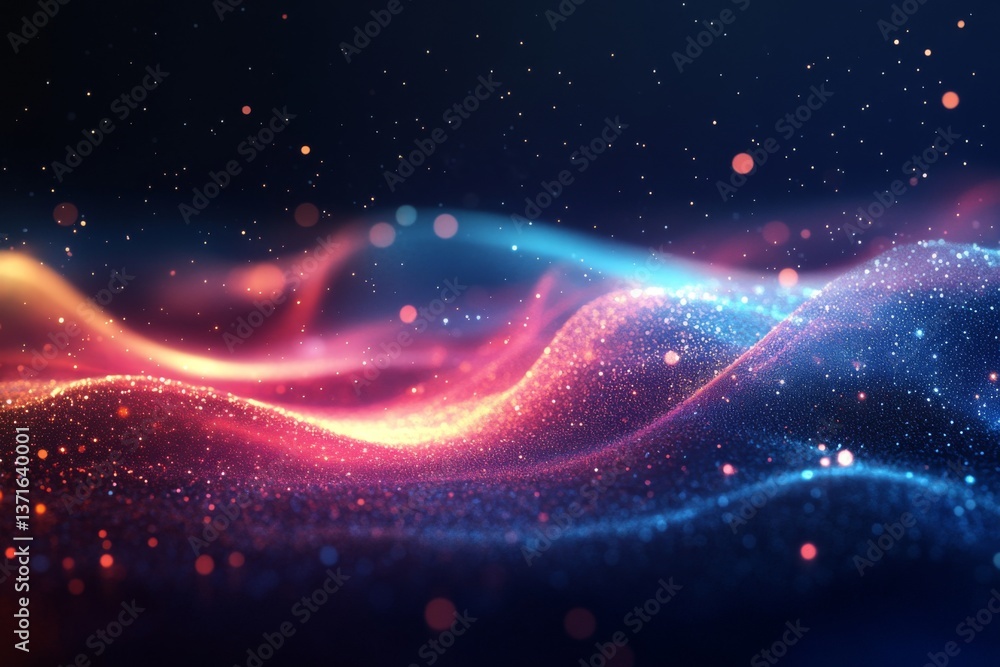 Fototapeta premium Pink and blue abstract waveforms with glowing trails in space