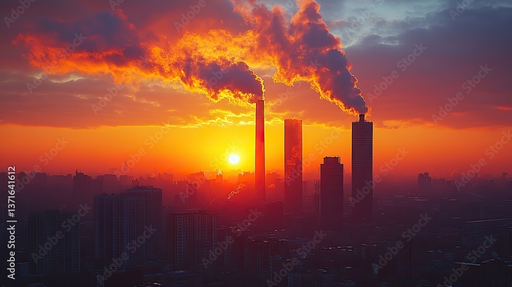 Fototapeta premium Skyscrapers and industrial chimneys pollute the atmosphere at sunset with low clouds, a dramatic scene of environmental concern.