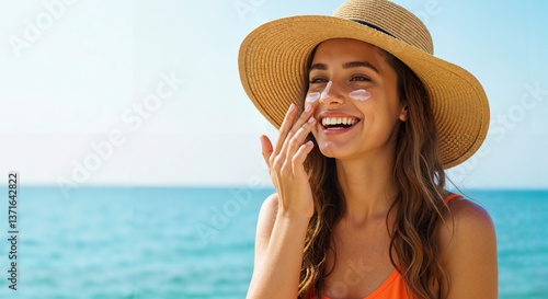 Woman applying sunscreen seaside, smiling at the beach  