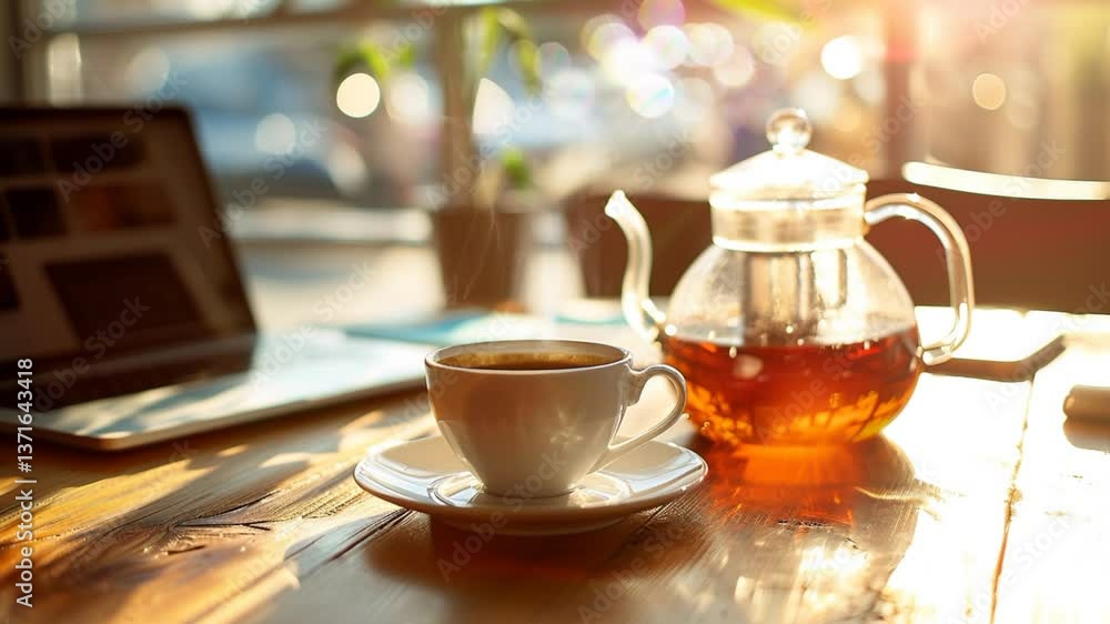 Teapot and teacup on wooden table with laptop in cozy cafe bathed in morning sunlight, perfect for productive work or relaxing tea break.
Teapot and teacup on wooden table with laptop in cozy cafe bathed in morning sunlight, perfect for productive work or relaxing tea break.