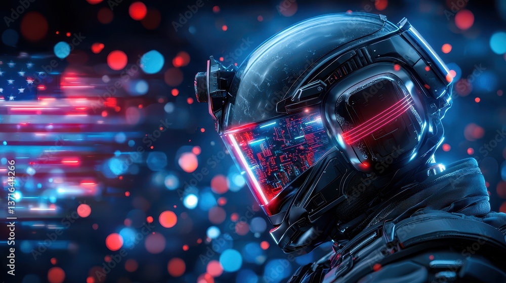 Futuristic soldier in high-tech helmet against a patriotic light display. Cyberpunk military concept. Futuristic soldier in high-tech helmet against a patriotic light display. Cyberpunk military concept.