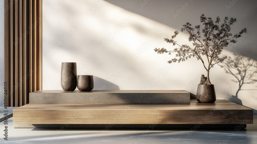 Fototapeta premium Minimalist Wooden Podium Display with Modern Vases and Dried Branches