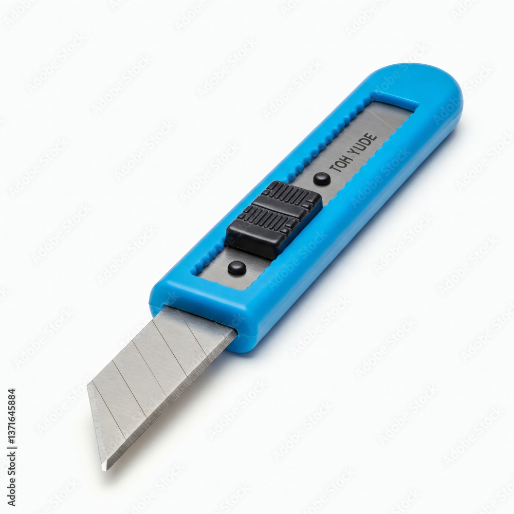 Blue stationery knife isolated on white background front view Blue stationery knife isolated on white background front view