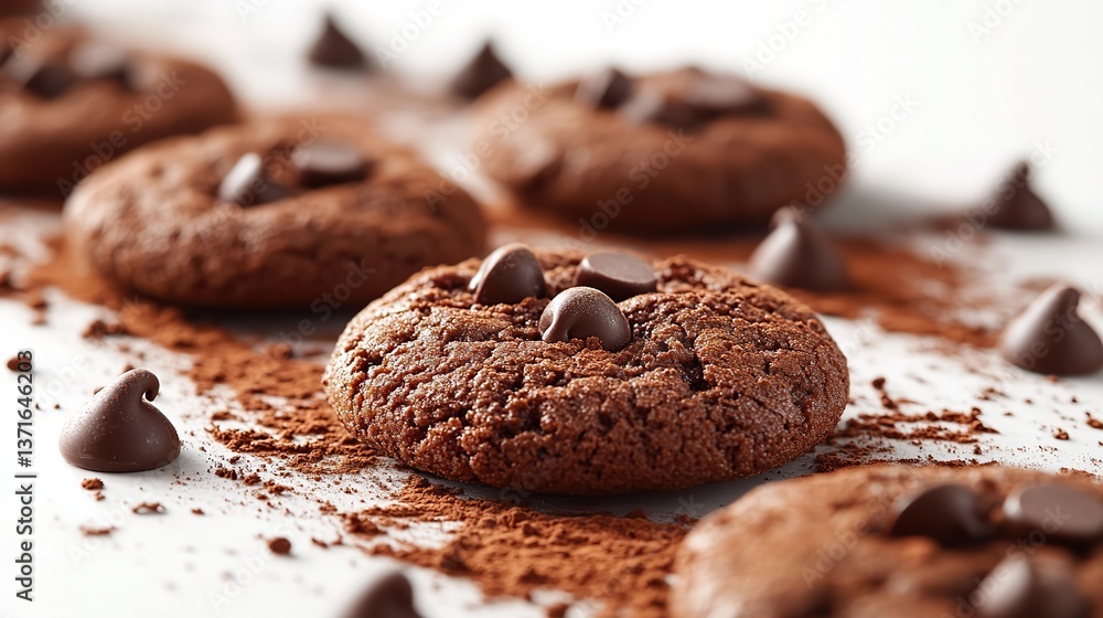 Small round chocolate cookies with chocolate chips levitate on white in a diagonal line, sprinkled with cocoa powder for a tempting look. Small round chocolate cookies with chocolate chips levitate on white in a diagonal line, sprinkled with cocoa powder for a tempting look.
