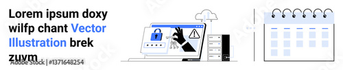 Laptop with secure lock, hacking hand, alert icon, server, and digital calendar. Ideal for cybersecurity, data protection, online threat detection, risk management internet safety tech planning