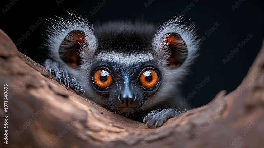 Closeup Portrait of a Small Lemur with Orange Eyes Closeup Portrait of a Small Lemur with Orange Eyes