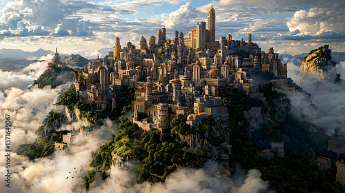 Breathtaking city floating in the clouds with a stunning view of the horizon, evoking the feel of a legendary lost kingdom.