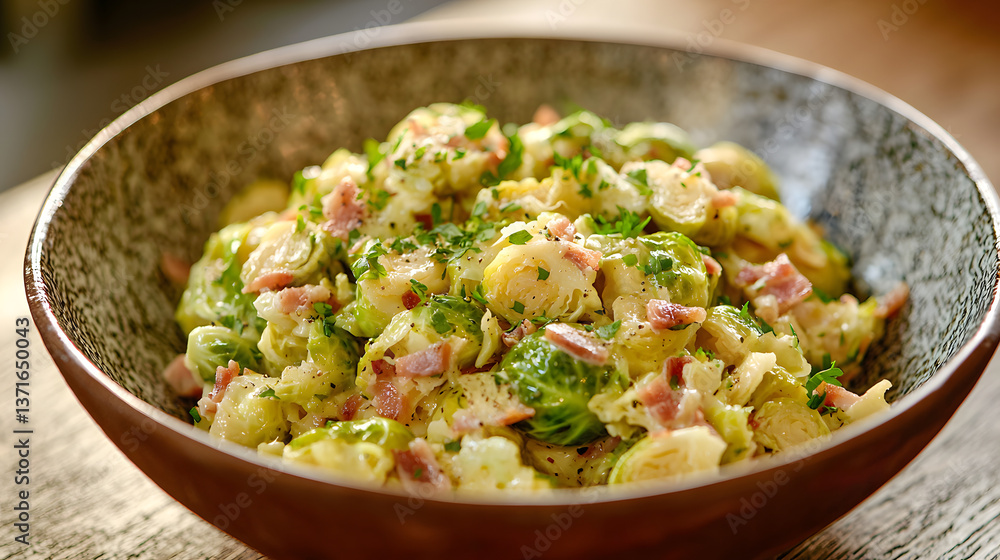 Delicious and Colorful Brussels Sprouts with Bacon and Fresh Herbs in a Wooden Bowl Delicious and Colorful Brussels Sprouts with Bacon and Fresh Herbs in a Wooden Bowl