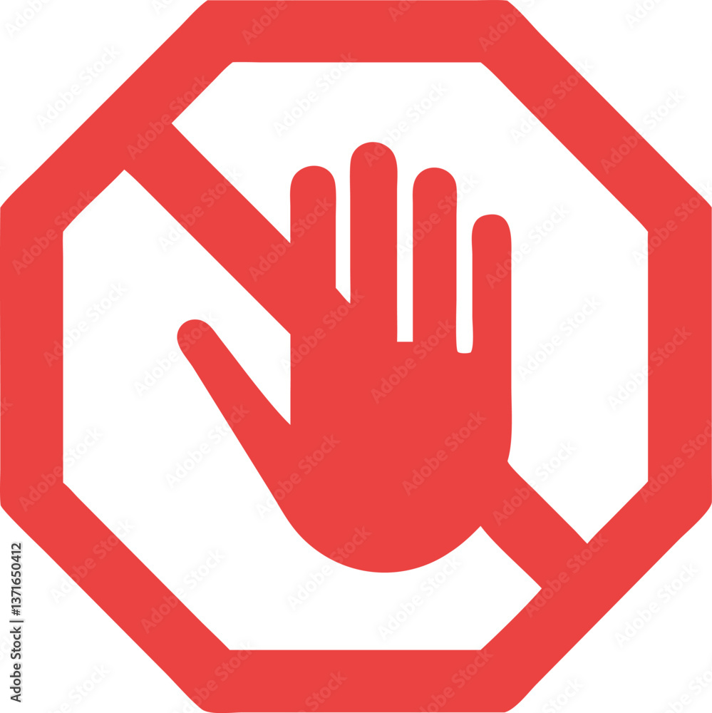Fototapeta premium no entry stop sign with raised hand symbol, red circular icon indicating prohibition, caution, and restriction, vector illustration for safety and warning purposes