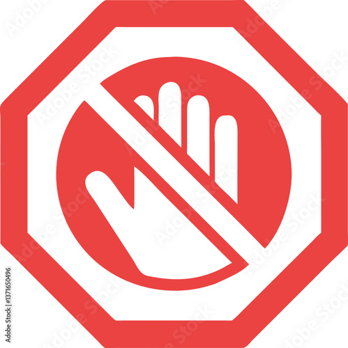 no entry stop sign with raised hand symbol, red circular icon indicating prohibition, caution, and restriction, vector illustration for safety and warning purposes

