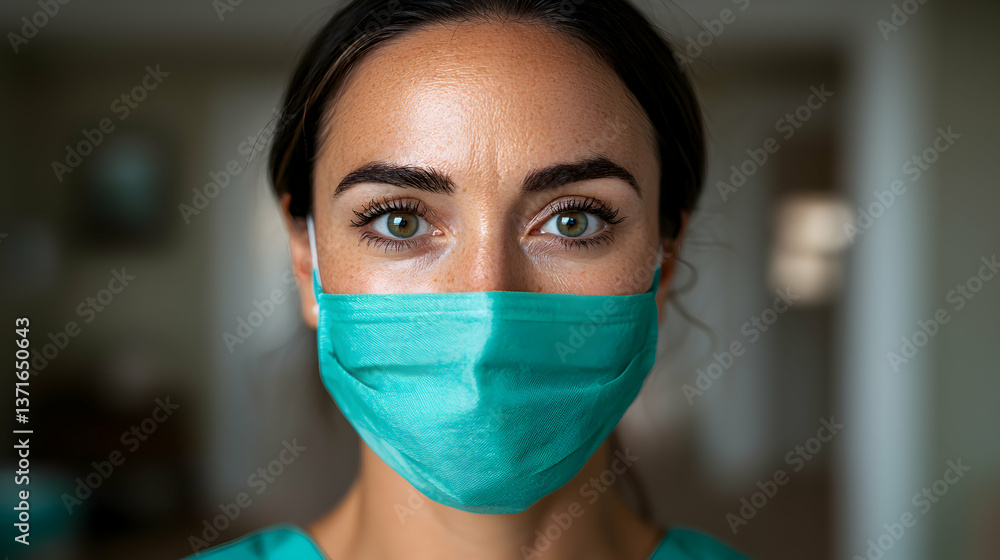 Close Up Portrait of a Sweating Woman in a Teal Medical Mask Close Up Portrait of a Sweating Woman in a Teal Medical Mask