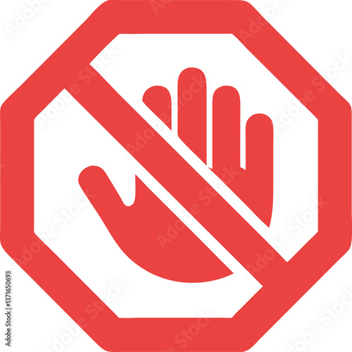 no entry stop sign with raised hand symbol, red circular icon indicating prohibition, caution, and restriction, vector illustration for safety and warning purposes

