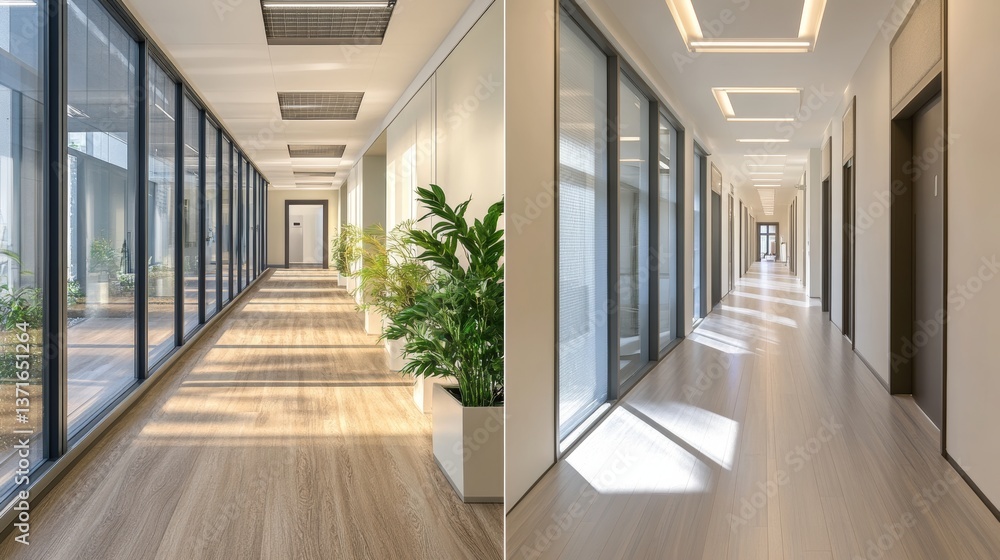 Fototapeta premium Side by Side Office Hallway Transformation: Plants Windows & Lighting 