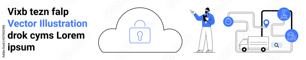 Cloud with locked padlock for security, person managing data flow, delivery process icons. Ideal for technology, cybersecurity, logistics, data management, web tools, e-commerce simple landing page Cloud with locked padlock for security, person managing data flow, delivery process icons. Ideal for technology, cybersecurity, logistics, data management, web tools, e-commerce simple landing page