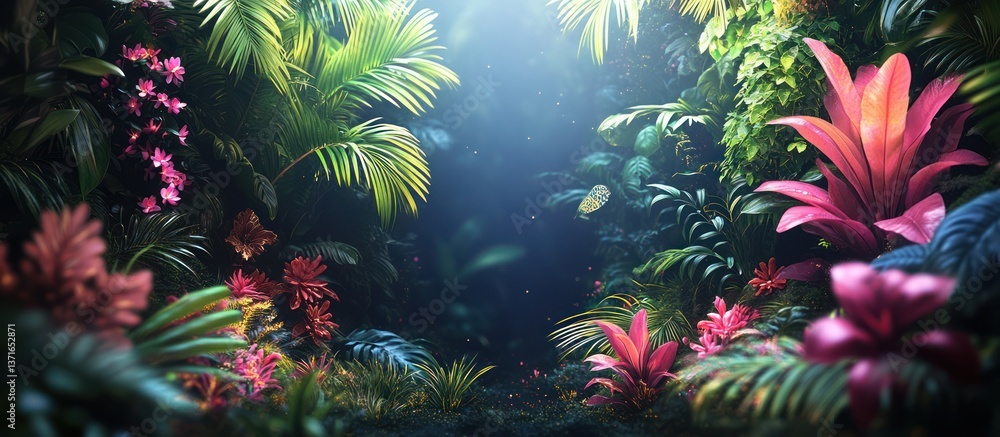 Enchanting Bioluminescent Jungle Night Scene with Glowing Plants and Animals, Ideal for Themed Wallpaper, Digital Platforms, and Editorial Use.