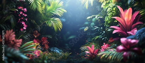 Obraz na płótnie Enchanting Bioluminescent Jungle Night Scene with Glowing Plants and Animals, Ideal for Themed Wallpaper, Digital Platforms, and Editorial Use. w salonie