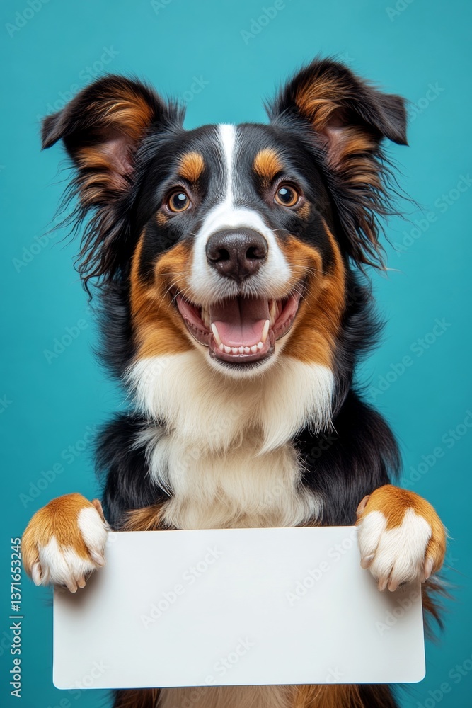 Fototapeta premium Pet street ad. Dog in studio shot. Isolated hound on a solid apparel blue background. Dog with banner. Сute dog australian shepherd hold in front paws a prototype - large white alley sign.