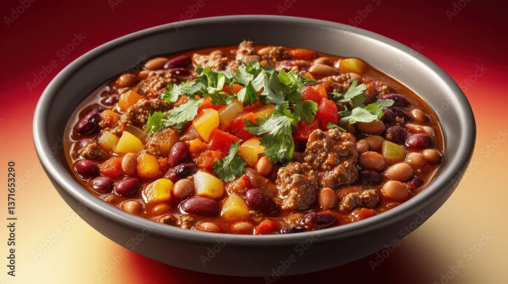 A bowl of hearty chili, complete with beans, beef, and vibrant cilantro. A bowl of hearty chili, complete with beans, beef, and vibrant cilantro.