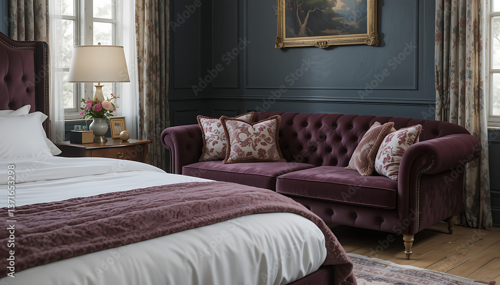 Fototapeta premium Your classic tufted velvet sofa beside your bed 