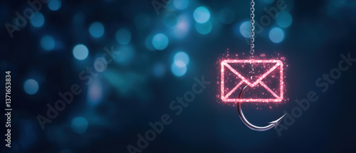 metallic fishing hook with glowing pink email icon symbolizes concept of phishing in digital environment, evoking sense of caution and awareness