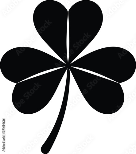 Simple black silhouette of a four-leaf clover, a symbol of luck and good fortune, perfect for St. Patrick’s Day or nature-related designs