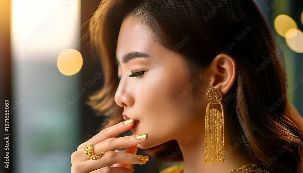Radiant Side Profile of Woman with Gleaming Gold Accessories Radiant Side Profile of Woman with Gleaming Gold Accessories