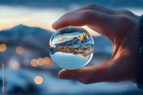 Mountain peak reflected in a glass sphere, held by a person during golden hour.