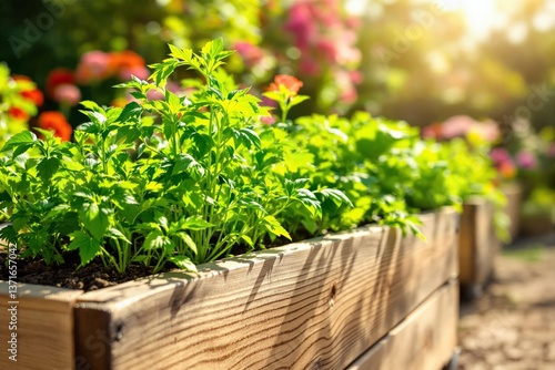 Fresh green herbs in wooden raised beds surrounded by blooming flowers, natural style on a sunny garden background, concept of organic gardening. Ai generative