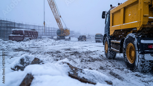 Heavy Machinery Working on Construction Site in Winter Snowy Weather
