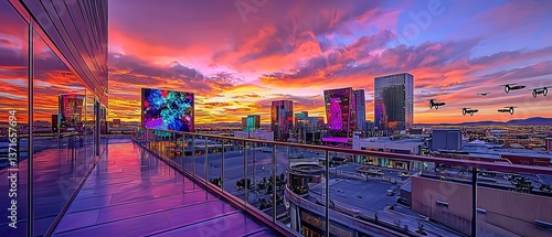 Vibrant urban panorama at twilight, adorned with digital displays and distant flyers