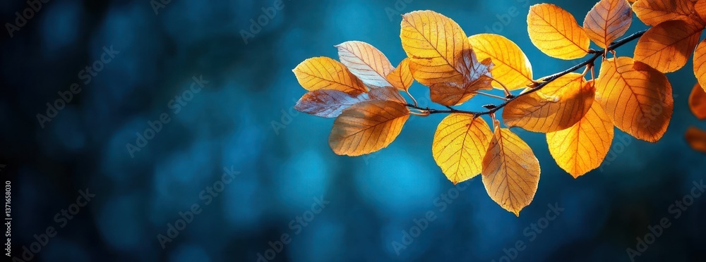 Autumn Beech Leaves on Branch Minimalistic Composition with Soft Warm Light and Blue Background Autumn Beech Leaves on Branch Minimalistic Composition with Soft Warm Light and Blue Background