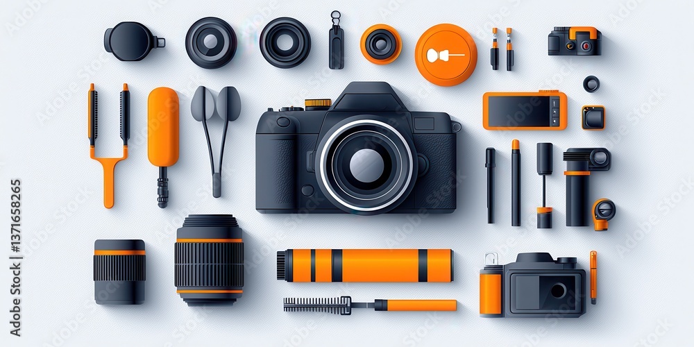Camera equipment flat lay: Various lenses, cameras, and accessories organized neatly. Orange accents stand out. Camera equipment flat lay: Various lenses, cameras, and accessories organized neatly. Orange accents stand out.