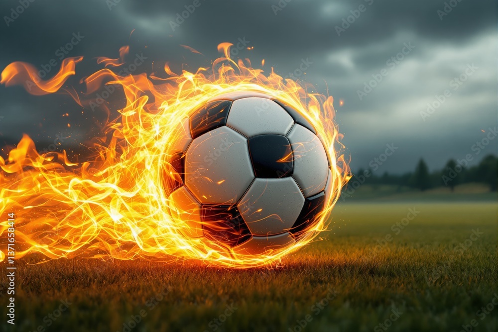 Fototapeta premium Soccer ball engulfed in flames on grassy field, digital creative style, cloudy outdoor background, concept of intense sports action. Ai generative