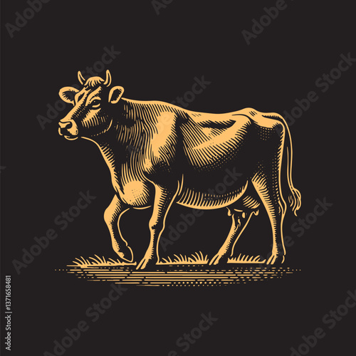 Jersey Cow Vector Illustration – Vintage Retro Logo Design on Black Background