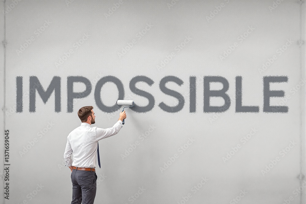 Man in business attire paints over IMPOSSIBLE on concrete background to make it POSSIBLE, symbolizing motivation, optimism, and mindset change. Ai generative Man in business attire paints over IMPOSSIBLE on concrete background to make it POSSIBLE, symbolizing motivation, optimism, and mindset change. Ai generative